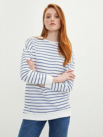 Bisiklet Yaka Çizgili Uzun Kollu Kadın Sweatshirt