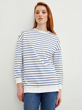 Bisiklet Yaka Çizgili Uzun Kollu Kadın Sweatshirt