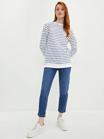 Bisiklet Yaka Çizgili Uzun Kollu Kadın Sweatshirt