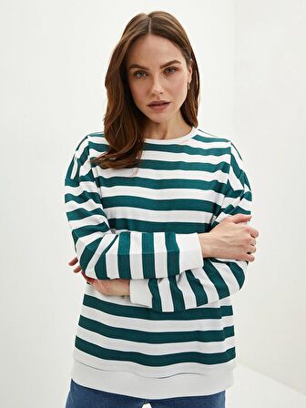 Bisiklet Yaka Çizgili Uzun Kollu Kadın Sweatshirt