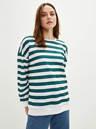 Bisiklet Yaka Çizgili Uzun Kollu Kadın Sweatshirt