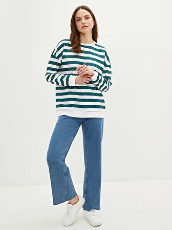 Bisiklet Yaka Çizgili Uzun Kollu Kadın Sweatshirt