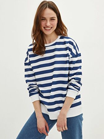 Bisiklet Yaka Çizgili Uzun Kollu Kadın Sweatshirt