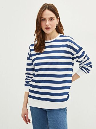 Bisiklet Yaka Çizgili Uzun Kollu Kadın Sweatshirt