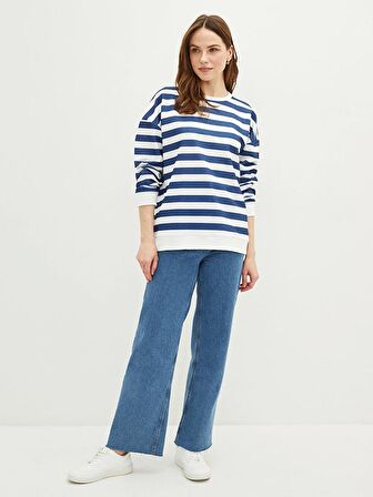 Bisiklet Yaka Çizgili Uzun Kollu Kadın Sweatshirt