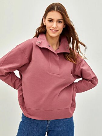 Dik Yaka Düz Uzun Kollu Pamuklu Kadın Sweatshirt