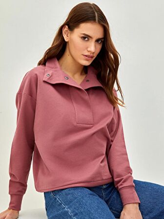 Dik Yaka Düz Uzun Kollu Pamuklu Kadın Sweatshirt