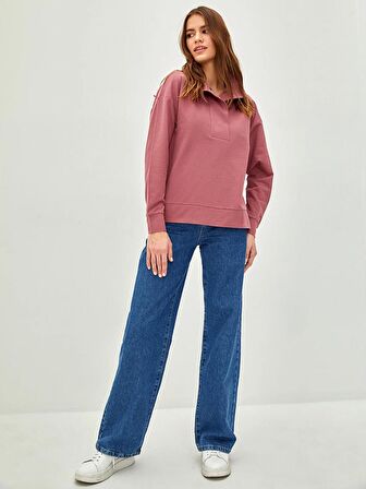 Dik Yaka Düz Uzun Kollu Pamuklu Kadın Sweatshirt