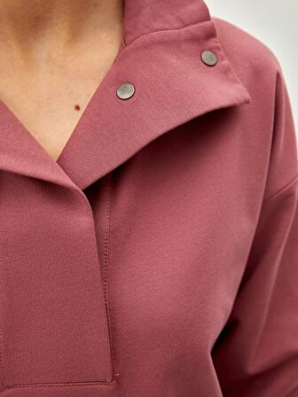 Dik Yaka Düz Uzun Kollu Pamuklu Kadın Sweatshirt