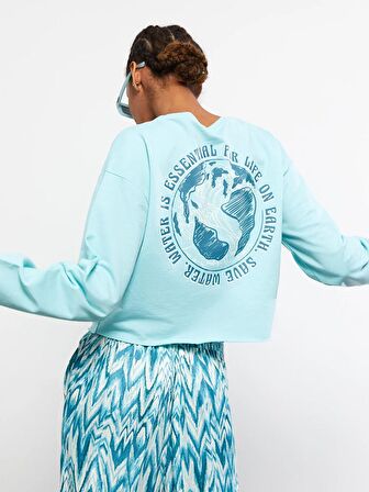 Bisiklet Yaka Baskılı Uzun Kollu Kadın Sweatshirt