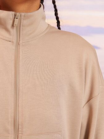 Dik Yaka Düz Uzun Kollu Kadın Spor Hırka