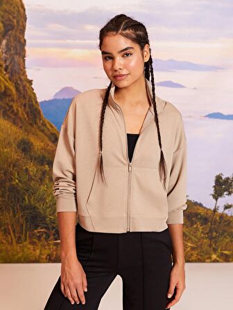 Dik Yaka Düz Uzun Kollu Kadın Spor Hırka