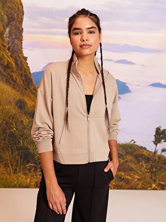 Dik Yaka Düz Uzun Kollu Kadın Spor Hırka