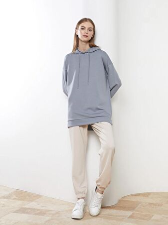 Kapüşonlu Düz Uzun Kollu Kadın Sweatshirt Tunik