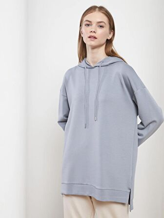 Kapüşonlu Düz Uzun Kollu Kadın Sweatshirt Tunik