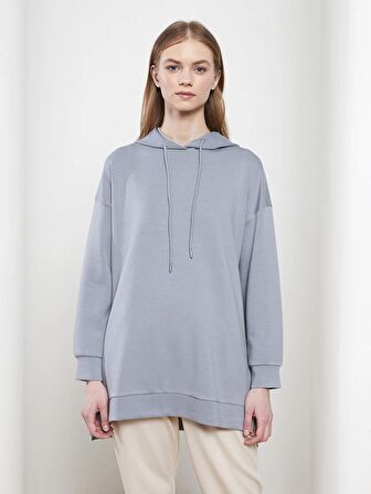 Kapüşonlu Düz Uzun Kollu Kadın Sweatshirt Tunik