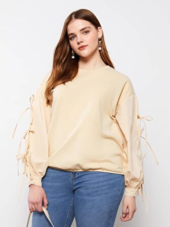 Büyük Beden Bisiklet Yaka Düz Uzun Kollu Kadın Sweatshirt