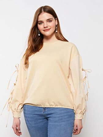 Büyük Beden Bisiklet Yaka Düz Uzun Kollu Kadın Sweatshirt
