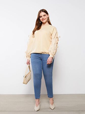 Büyük Beden Bisiklet Yaka Düz Uzun Kollu Kadın Sweatshirt
