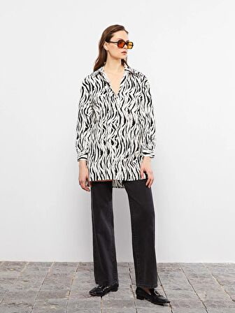 Desenli Uzun Kollu Oversize Poplin Kadın Gömlek Tunik