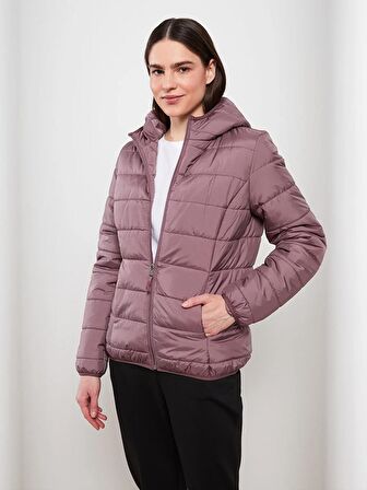 Kadın Kapüşonlu Düz Şişme Mont