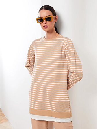 Bisiklet Yaka Çizgili Uzun Kollu Kadın Sweatshirt Tunik