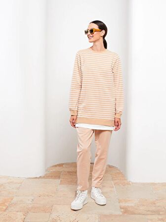 Bisiklet Yaka Çizgili Uzun Kollu Kadın Sweatshirt Tunik