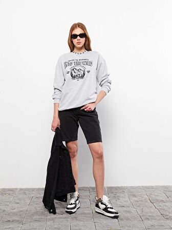 Bisiklet Yaka Baskılı Uzun Kollu Kadın Sweatshirt