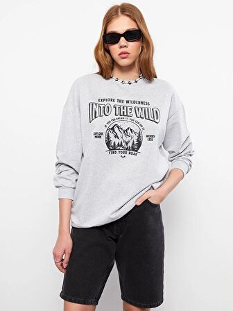 Bisiklet Yaka Baskılı Uzun Kollu Kadın Sweatshirt