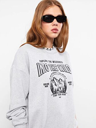 Bisiklet Yaka Baskılı Uzun Kollu Kadın Sweatshirt