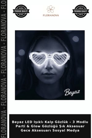 Beyaz LED Işıklı Kalp Gözlük – 3 Modlu Parti & Glow Gözlüğü Şık Aksesuar Gece Aksesuarı Sosyal Medya