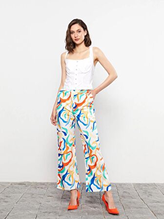 Beli Lastikli Standart Fit Desenli Poplin Kadın Pantolon