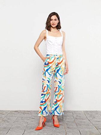 Beli Lastikli Standart Fit Desenli Poplin Kadın Pantolon