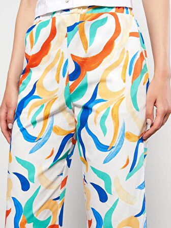 Beli Lastikli Standart Fit Desenli Poplin Kadın Pantolon