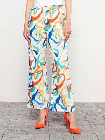 Beli Lastikli Standart Fit Desenli Poplin Kadın Pantolon