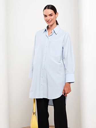 Düz Uzun Kollu Oversize Poplin Kadın Gömlek Tunik