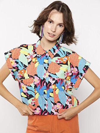 Desenli Kısa Kollu Poplin Kadın Gömlek