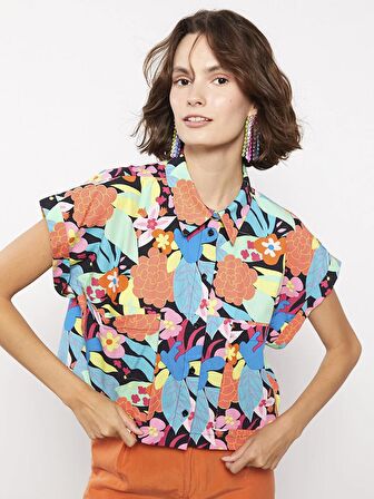 Desenli Kısa Kollu Poplin Kadın Gömlek