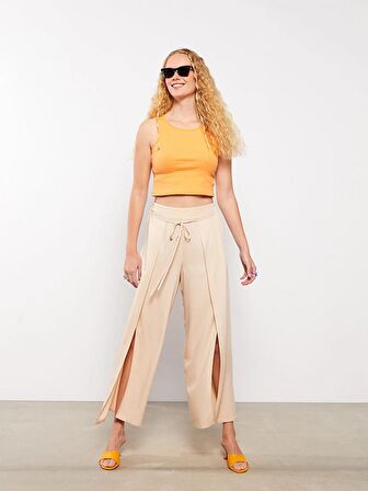 Beli Lastikli Rahat Kalıp Düz Viskon Kadın Pantolon