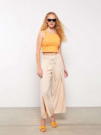 Beli Lastikli Rahat Kalıp Düz Viskon Kadın Pantolon