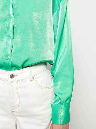 Önden Düğme Kapamalı Düz Uzun Kollu Saten Kadın Gömlek