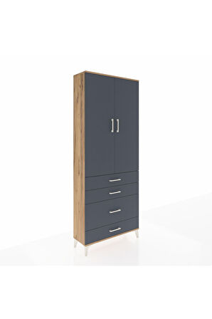 Arges Dolap 3 Raflı 4 Çekmeceli 2 Kapaklı 88x30x221 Çam-Antrasit