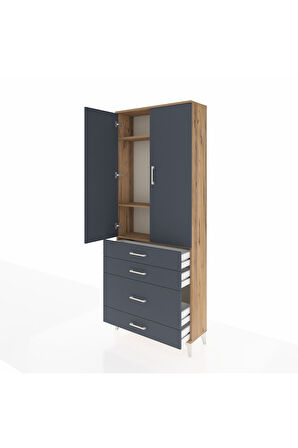 Arges Dolap 3 Raflı 4 Çekmeceli 2 Kapaklı 88x30x221 Çam-Antrasit