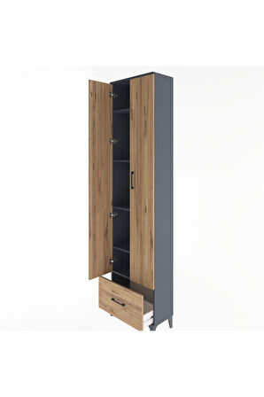 Arges Dolap 5 Raflı Tek Çekmeceli 2 Kapaklı 60x30x243 Antrasit-Çam