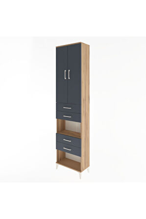 Arges Dolap 4 Raflı 4 Çekmeceli 2 Kapaklı 60x30x243 Çam-Antrasit