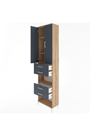 Arges Dolap 4 Raflı 4 Çekmeceli 2 Kapaklı 60x30x243 Çam-Antrasit