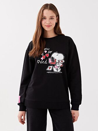 Bisiklet Yaka Snoopy Baskılı Uzun Kollu Kadın Sweatshirt Anne Kız Kombini