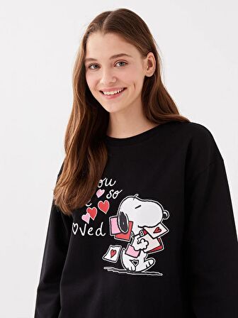 Bisiklet Yaka Snoopy Baskılı Uzun Kollu Kadın Sweatshirt Anne Kız Kombini