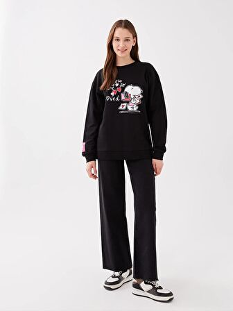 Bisiklet Yaka Snoopy Baskılı Uzun Kollu Kadın Sweatshirt Anne Kız Kombini