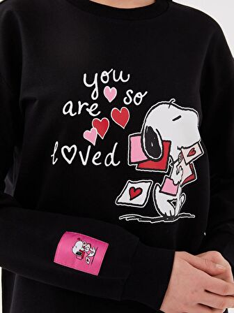 Bisiklet Yaka Snoopy Baskılı Uzun Kollu Kadın Sweatshirt Anne Kız Kombini